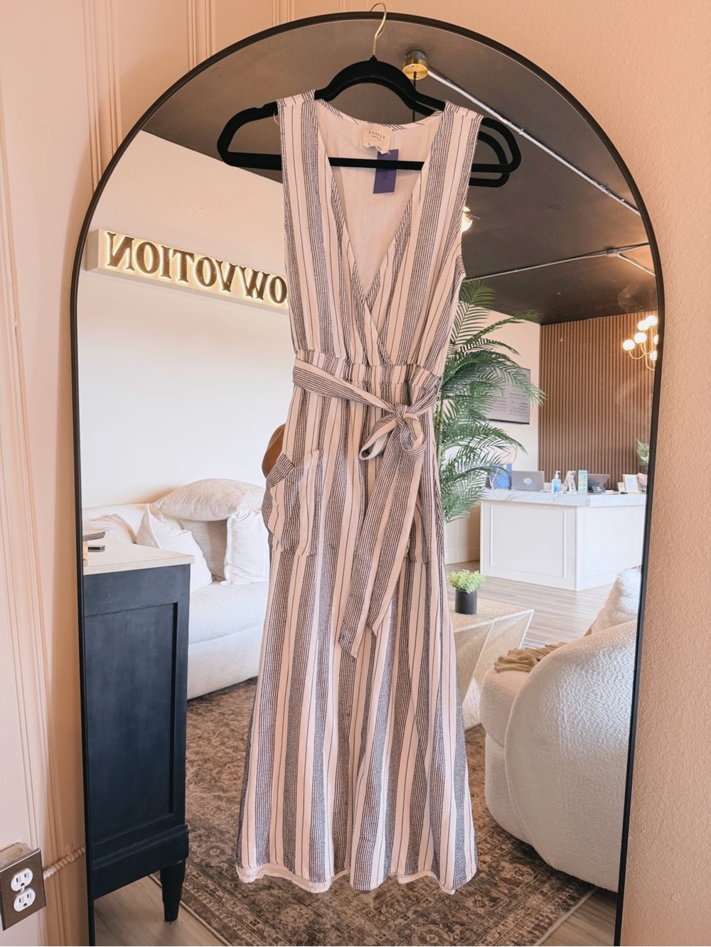 Striped V-Neck Midi Wrap Dress in Beige and White